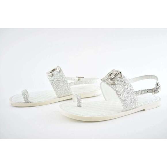 Chanel 19C White Silver Fantasy Fabric CC Logo Ankle Strap Toe Sandal Flat 40.5c - Picture 10 of 12